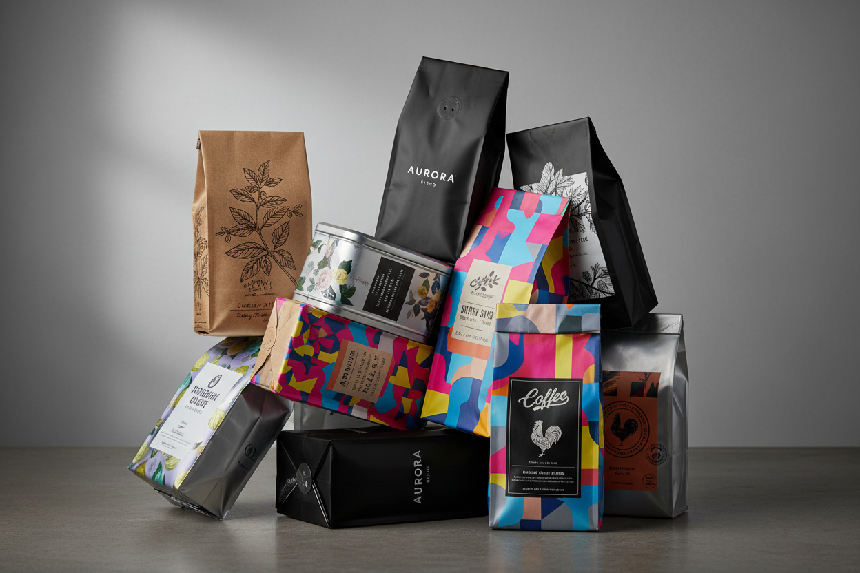 Assorted coffee bags from different brands stacked