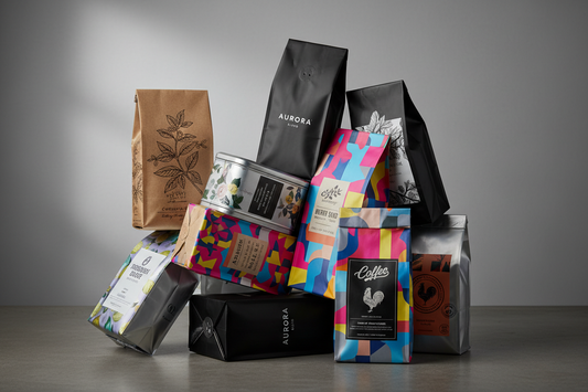 Assorted coffee bags from different brands stacked